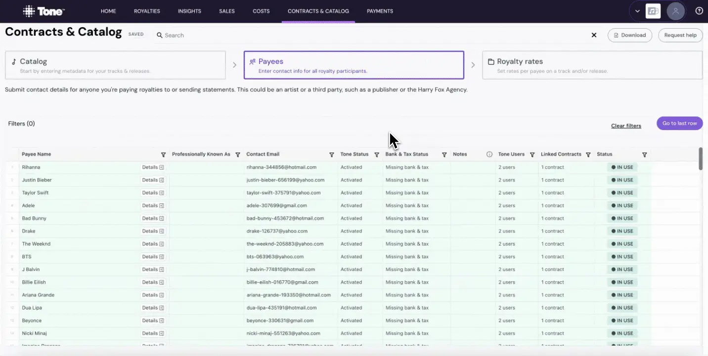 Royalty Management Platform : Bank & Tax Monitoring Screen