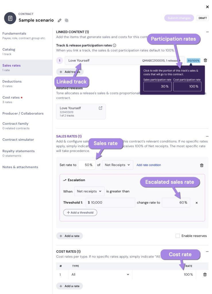 In the Tone app, how to set up a music contract