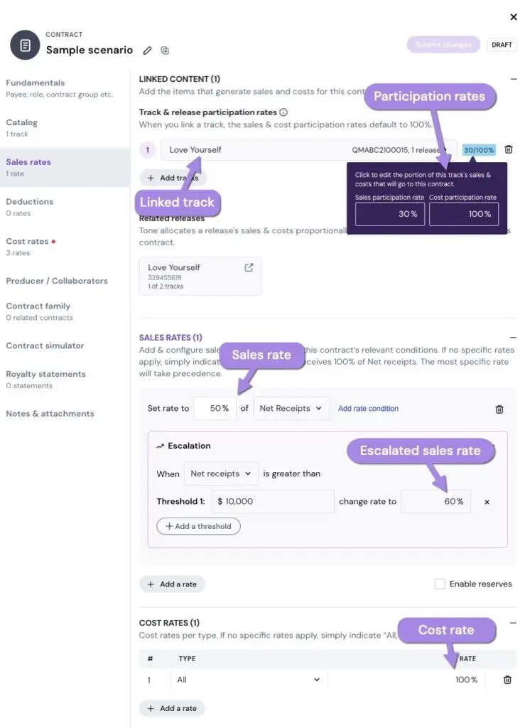 In the Tone app, how to set up a music contract