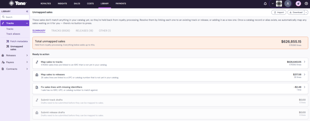 "Unmapped Sales" software interface